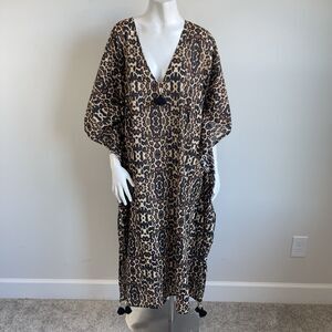 Figue Animal Print Seashell Tassel Cotton Kaftan Mumu Dress M/L Resort Vacation
